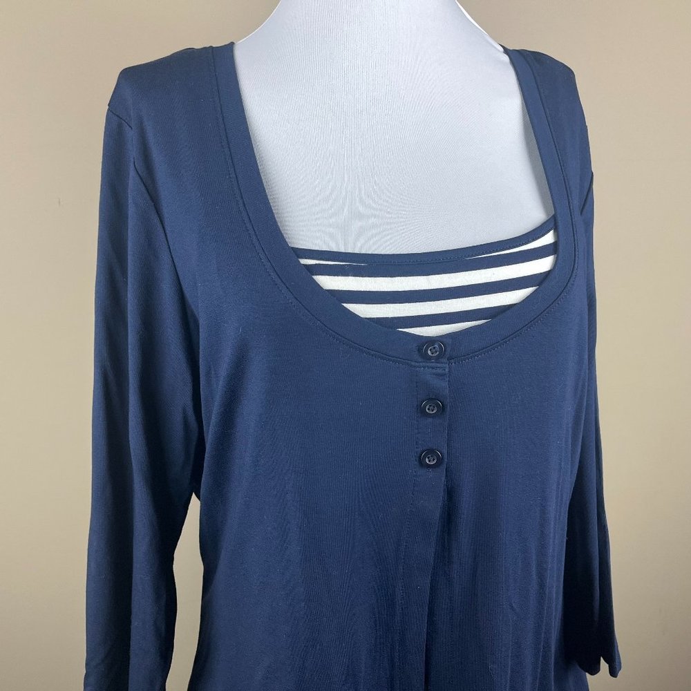 Coldwater Creek 3/4 Blouse Plus Size 1X Navy Blue White, Front Cami Panel